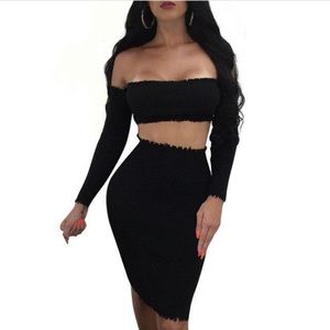 BLACK 2 piece ribbed knit bandeau / skirt set